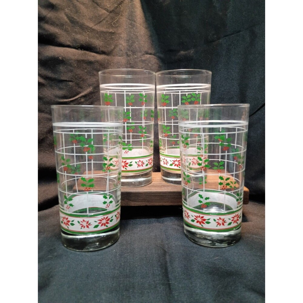 Vintage Libbey Christmas Holly Poinsettia Windowpane Highball Glasses Set 4